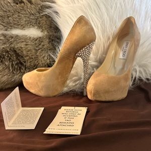 JIMMY CHOO 37 nude beige suede heels rhinestone platform box dust bag